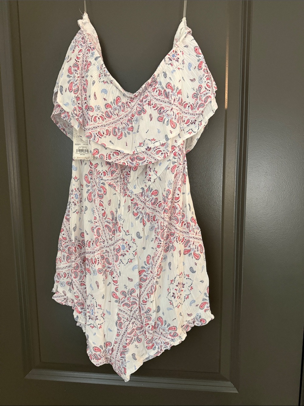 Mudd White Strapless Ruffle Romper with Pink & Blue Paisley